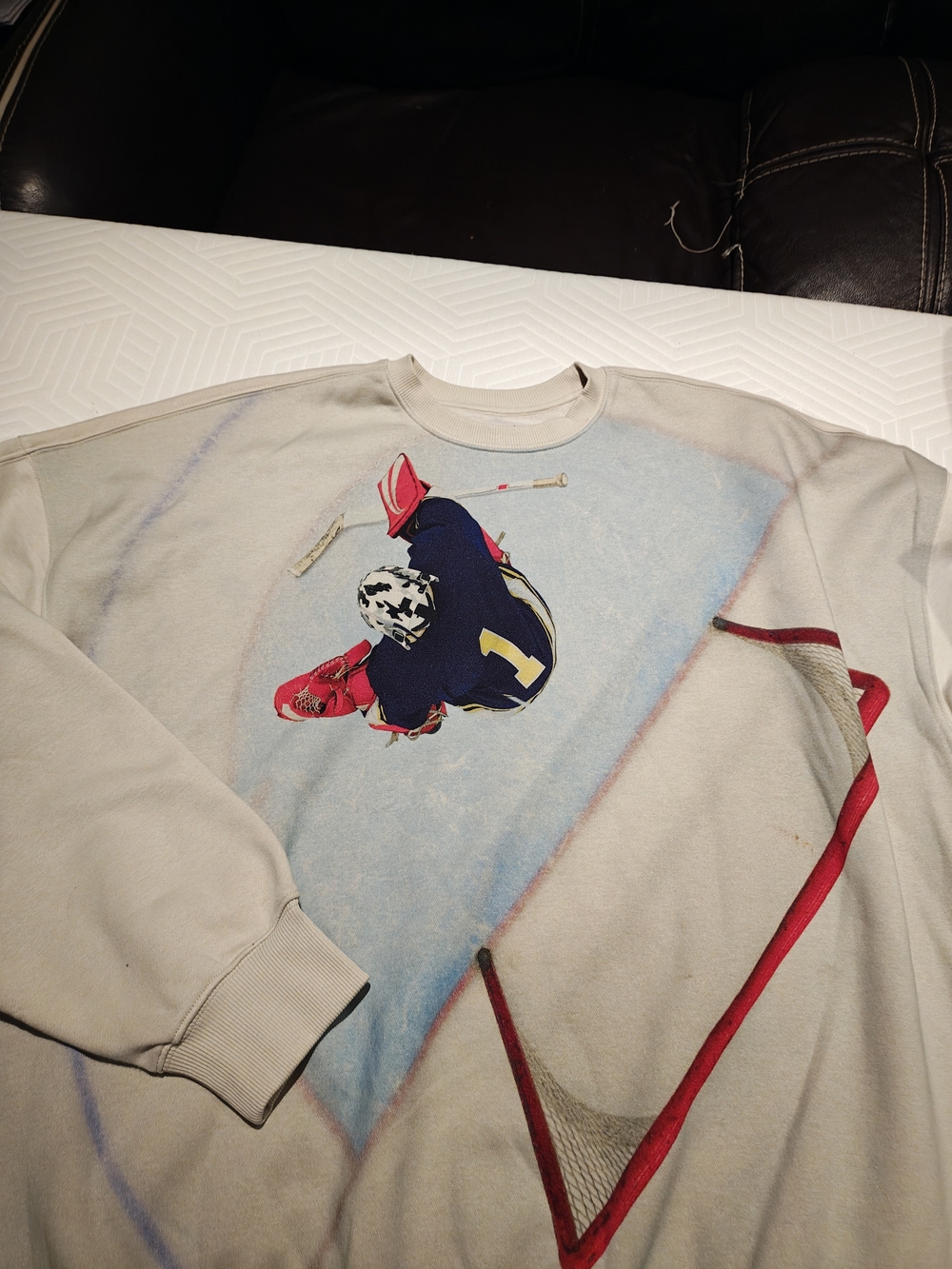 Men's Cream Graphic Ice Hockey Sweatshirt - Crewneck Sweater - Picture 11 of 12